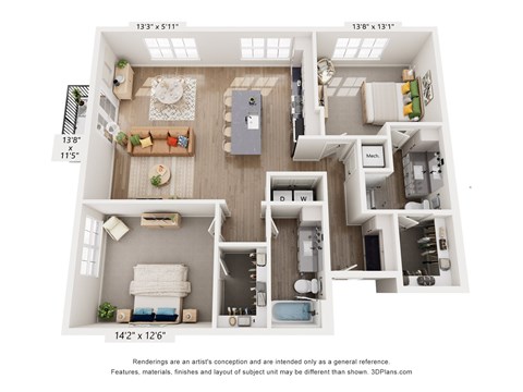 A 3D floor plan of a house with a living room, kitchen, and two bedrooms.